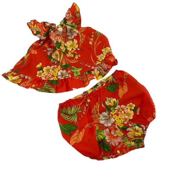 Hawaiian aloha 2 piece baby set size 1 Kole Kole Made in Hawaii USA orange vtg - Picture 1 of 10